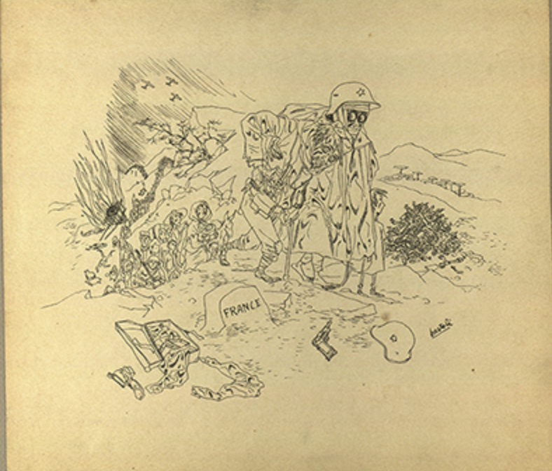 Dessin de Josep Bartoli représentant le passage des réfugiés espagnols vers la France par le col de Malrems.